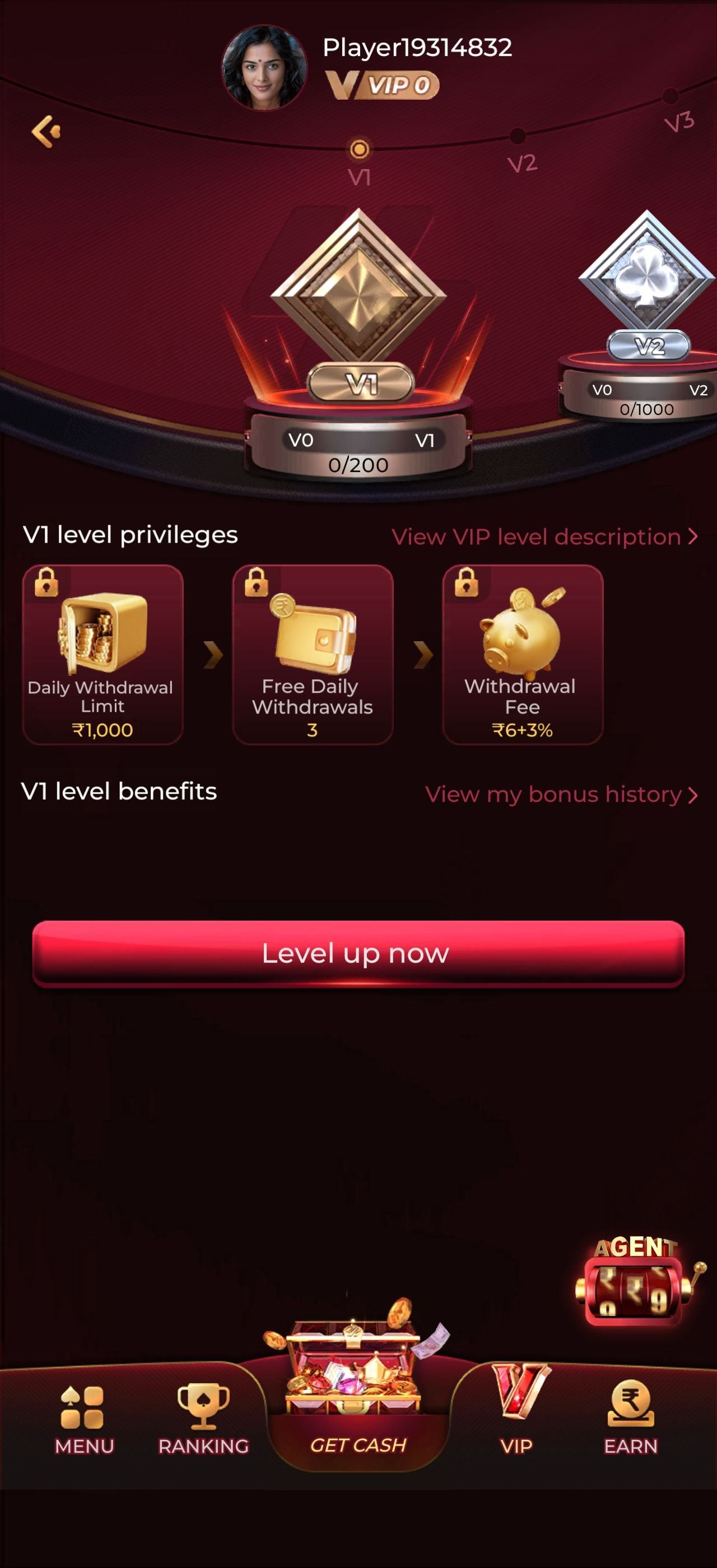 Y1 App VIP level privileges screen with withdrawal limits and benefits